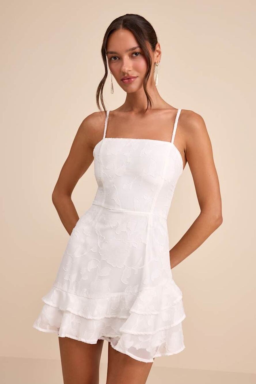 NWT Lulus Days with You White Floral Burnout Ruffled Mini Dress Engagement Sz L